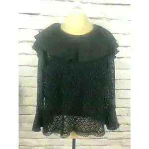 Eloquii Black Womens Size 18P Ruffle Neck Double Layer Knitted lace Blouse